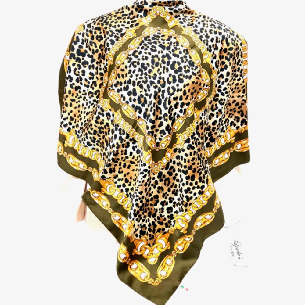 Italy Made MARCOGALA MILANO SCART 100% Silk 35"  Olive Gold  Leapard printed (36